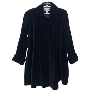 Vintage Black Velvet Swing Trench Overcoat XS Double Breasted Whimsigoth Vampy